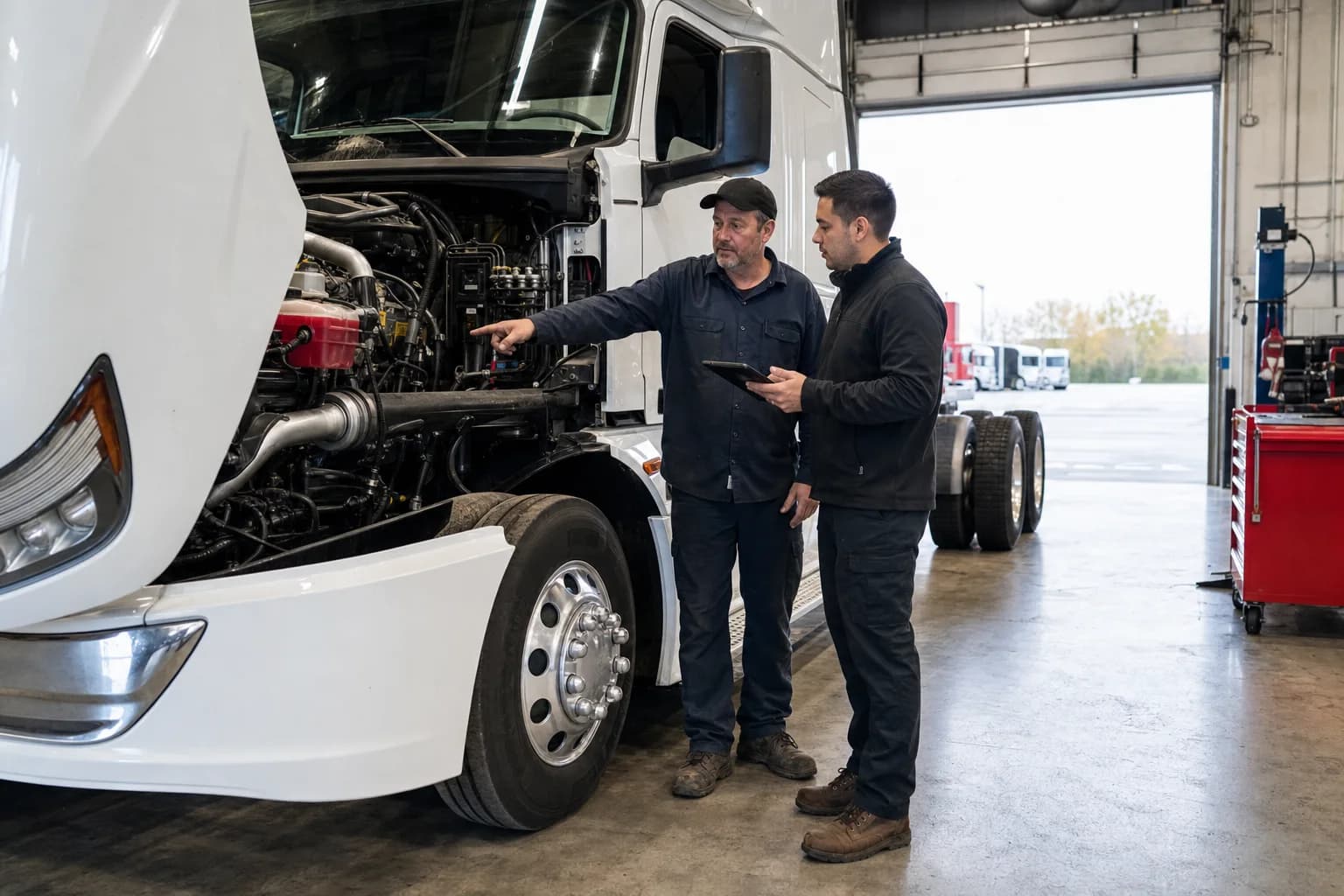 Unlimited Truck Sales Montgomery technician and buyer inspecting a truck engine